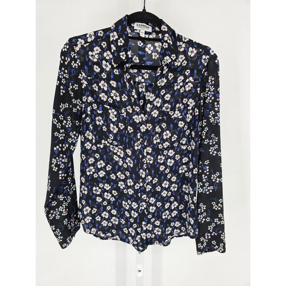 Express Tops - Express Womens Sz S Long Sleeve Portofino Dress Shirt Blue Black Floral Slim Fit